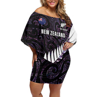 New Zealand Silver Fern Rugby Custom Off Shoulder Short Dress Go All Black Purple Maori Paua Shell - Polynesian Pride