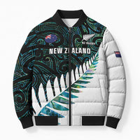 New Zealand Silver Fern Rugby Custom Bomber Puffer Jacket Go All Black Turquoise Maori Paua Shell - Polynesian Pride