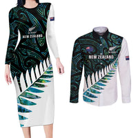 New Zealand Silver Fern Rugby Custom Couples Matching Long Sleeve Bodycon Dress and Long Sleeve Button Shirt Go All Black Turquoise Maori Paua Shell LT14 Turquoise - Polynesian Pride