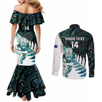 New Zealand Silver Fern Rugby Custom Couples Matching Mermaid Dress and Long Sleeve Button Shirt Go All Black Turquoise Maori Paua Shell LT14 - Polynesian Pride