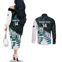 New Zealand Silver Fern Rugby Custom Couples Matching Off The Shoulder Long Sleeve Dress and Long Sleeve Button Shirt Go All Black Turquoise Maori Paua Shell LT14 - Polynesian Pride