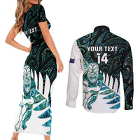 New Zealand Silver Fern Rugby Custom Couples Matching Short Sleeve Bodycon Dress and Long Sleeve Button Shirt Go All Black Turquoise Maori Paua Shell LT14 - Polynesian Pride