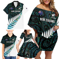 New Zealand Silver Fern Rugby Custom Family Matching Off Shoulder Short Dress and Hawaiian Shirt Go All Black Turquoise Maori Paua Shell - Polynesian Pride