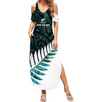 New Zealand Silver Fern Rugby Custom Family Matching Summer Maxi Dress and Hawaiian Shirt Go All Black Turquoise Maori Paua Shell - Polynesian Pride