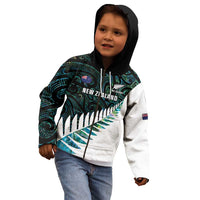 New Zealand Silver Fern Rugby Custom Kid Hoodie Go All Black Turquoise Maori Paua Shell - Polynesian Pride