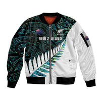 New Zealand Silver Fern Rugby Custom Sleeve Zip Bomber Jacket Go All Black Turquoise Maori Paua Shell LT14 Unisex Turquoise - Polynesian Pride