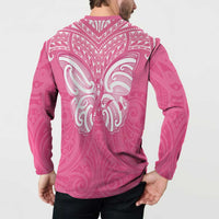 New Zealand Breast Cancer Awareness Button Sweatshirt Maori Butterfly Pink Ribbon - Polynesian Pride