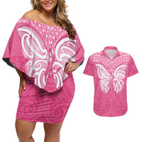 New Zealand Breast Cancer Awareness Couples Matching Off Shoulder Short Dress and Hawaiian Shirt Maori Butterfly Pink Ribbon - Polynesian Pride