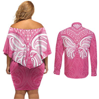 New Zealand Breast Cancer Awareness Couples Matching Off Shoulder Short Dress and Long Sleeve Button Shirt Maori Butterfly Pink Ribbon - Polynesian Pride