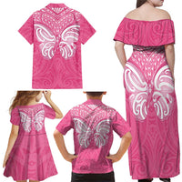 New Zealand Breast Cancer Awareness Family Matching Off Shoulder Maxi Dress and Hawaiian Shirt Maori Butterfly Pink Ribbon - Polynesian Pride