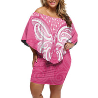 New Zealand Breast Cancer Awareness Family Matching Off Shoulder Short Dress and Hawaiian Shirt Maori Butterfly Pink Ribbon - Polynesian Pride