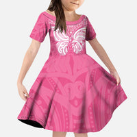 New Zealand Breast Cancer Awareness Kid Short Sleeve Dress Maori Butterfly Pink Ribbon - Polynesian Pride