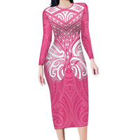 New Zealand Breast Cancer Awareness Long Sleeve Bodycon Dress Maori Butterfly Pink Ribbon - Polynesian Pride