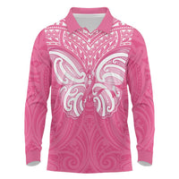 New Zealand Breast Cancer Awareness Long Sleeve Polo Shirt Maori Butterfly Pink Ribbon - Polynesian Pride