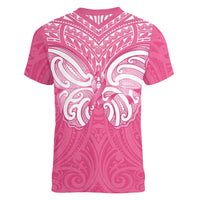 New Zealand Breast Cancer Awareness Women V-Neck T-Shirt Maori Butterfly Pink Ribbon - Polynesian Pride