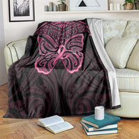 New Zealand Breast Cancer Awareness Blanket Maori Butterfly Pink Ribbon Black Version - Polynesian Pride