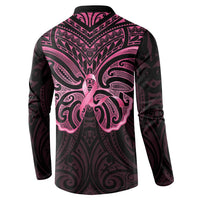 New Zealand Breast Cancer Awareness Button Sweatshirt Maori Butterfly Pink Ribbon Black Version - Polynesian Pride