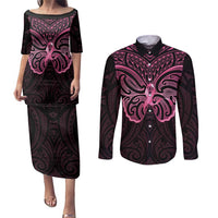 New Zealand Breast Cancer Awareness Couples Matching Puletasi and Long Sleeve Button Shirt Maori Butterfly Pink Ribbon Black Version - Polynesian Pride