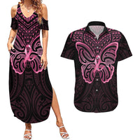 New Zealand Breast Cancer Awareness Couples Matching Summer Maxi Dress and Hawaiian Shirt Maori Butterfly Pink Ribbon Black Version - Polynesian Pride