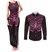 New Zealand Breast Cancer Awareness Couples Matching Tank Maxi Dress and Long Sleeve Button Shirt Maori Butterfly Pink Ribbon Black Version - Polynesian Pride