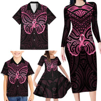 New Zealand Breast Cancer Awareness Family Matching Long Sleeve Bodycon Dress and Hawaiian Shirt Maori Butterfly Pink Ribbon Black Version - Polynesian Pride