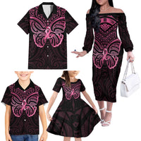 New Zealand Breast Cancer Awareness Family Matching Off The Shoulder Long Sleeve Dress and Hawaiian Shirt Maori Butterfly Pink Ribbon Black Version - Polynesian Pride