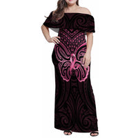 New Zealand Breast Cancer Awareness Family Matching Off Shoulder Maxi Dress and Hawaiian Shirt Maori Butterfly Pink Ribbon Black Version - Polynesian Pride