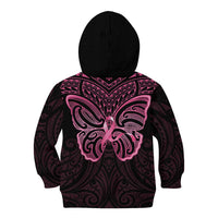 New Zealand Breast Cancer Awareness Kid Hoodie Maori Butterfly Pink Ribbon Black Version - Polynesian Pride