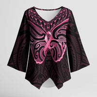 New Zealand Breast Cancer Awareness Kimono Sleeve Blouse Maori Butterfly Pink Ribbon Black Version - Polynesian Pride