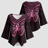 New Zealand Breast Cancer Awareness Kimono Sleeve Blouse Maori Butterfly Pink Ribbon Black Version - Polynesian Pride