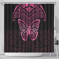 New Zealand Breast Cancer Awareness Shower Curtain Maori Butterfly Pink Ribbon Black Version - Polynesian Pride