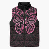 New Zealand Breast Cancer Awareness Sleeveless Puffer Jacket Maori Butterfly Pink Ribbon Black Version - Polynesian Pride