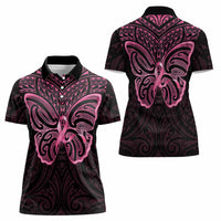 New Zealand Breast Cancer Awareness Women Polo Shirt Maori Butterfly Pink Ribbon Black Version - Polynesian Pride