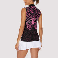 New Zealand Breast Cancer Awareness Women Sleeveless Polo Shirt Maori Butterfly Pink Ribbon Black Version - Polynesian Pride