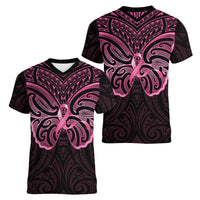 New Zealand Breast Cancer Awareness Women V-Neck T-Shirt Maori Butterfly Pink Ribbon Black Version - Polynesian Pride