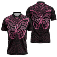 New Zealand Breast Cancer Awareness Zipper Polo Shirt Maori Butterfly Pink Ribbon Black Version - Polynesian Pride