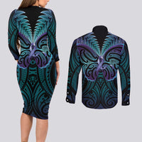 Suicide Prevention New Zealand Couples Matching Long Sleeve Bodycon Dress and Long Sleeve Button Shirt Aotearoa Maori Butterfly Mix Silver Fern LT14 - Polynesian Pride