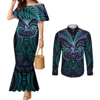 Suicide Prevention New Zealand Couples Matching Mermaid Dress and Long Sleeve Button Shirt Aotearoa Maori Butterfly Mix Silver Fern LT14 Black - Polynesian Pride