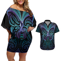 Suicide Prevention New Zealand Couples Matching Off Shoulder Short Dress and Hawaiian Shirt Aotearoa Maori Butterfly Mix Silver Fern - Polynesian Pride