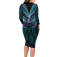 Suicide Prevention New Zealand Long Sleeve Bodycon Dress Aotearoa Maori Butterfly Mix Silver Fern - Polynesian Pride