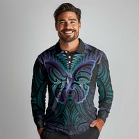 Suicide Prevention New Zealand Long Sleeve Polo Shirt Aotearoa Maori Butterfly Mix Silver Fern - Polynesian Pride