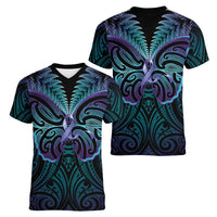 Suicide Prevention New Zealand Women V-Neck T-Shirt Aotearoa Maori Butterfly Mix Silver Fern - Polynesian Pride