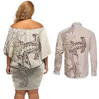 Beige Hawaii Couples Matching Off Shoulder Short Dress and Long Sleeve Button Shirt Hammerhead Shark Tattoo Curve Polynesian - Polynesian Pride