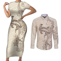 Beige Hawaii Couples Matching Short Sleeve Bodycon Dress and Long Sleeve Button Shirt Hammerhead Shark Tattoo Curve Polynesian - Polynesian Pride