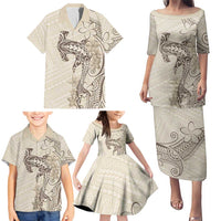 Beige Hawaii Family Matching Puletasi and Hawaiian Shirt Hammerhead Shark Tattoo Curve Polynesian LT14 - Polynesian Pride