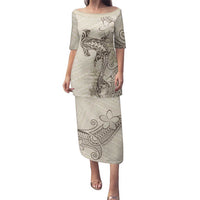 Beige Hawaii Family Matching Puletasi and Hawaiian Shirt Hammerhead Shark Tattoo Curve Polynesian LT14 Mom's Dress Beige - Polynesian Pride