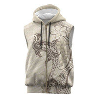 Beige Hawaii Sleeveless Zip Hoodie Hammerhead Shark Tattoo Curve Polynesian - Polynesian Pride