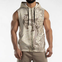 Beige Hawaii Sleeveless Zip Hoodie Hammerhead Shark Tattoo Curve Polynesian - Polynesian Pride