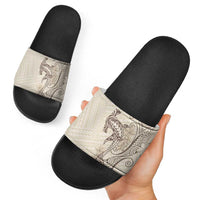 Beige Hawaii Slide Sandals Hammerhead Shark Tattoo Curve Polynesian - Polynesian Pride
