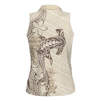 Beige Hawaii Women Sleeveless Polo Shirt Hammerhead Shark Tattoo Curve Polynesian LT14 - Polynesian Pride